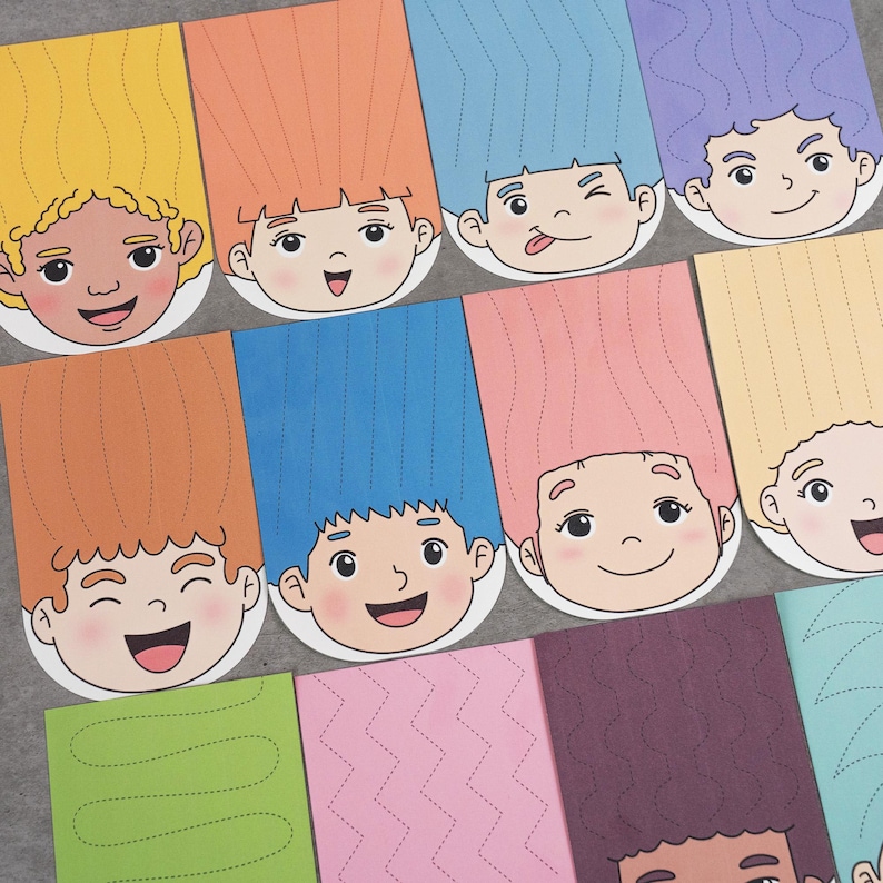 May include: A collection of colorful paper cutouts featuring cartoon faces with long hair in various colors. Each face has a different expression, and the hair extends down onto a rectangular section with dotted lines.