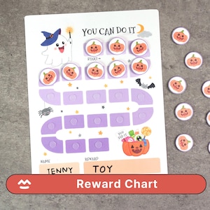 May include: A Halloween reward chart featuring a ghost, pumpkins, and the phrase "YOU CAN DO IT." The chart has spaces for tracking progress, a reward section, and the text "Reward Chart."