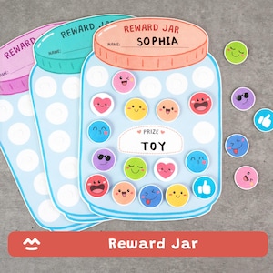 Pode incluir: Três gráficos de pote de recompensa com tampas azul-claras, turquesa e rosa. O pote principal apresenta o texto REWARD JAR, NAME: SOPHIA e PRIZE: TOY. Inclui vários tokens circulares coloridos com rostos de emoji, corações e ícones de curtir.