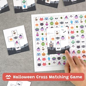 Puede incluir: Un juego de emparejamiento en cruz de Halloween con una cuadrícula de iconos coloridos que incluyen fantasmas, calabazas, arañas y calaveras. El juego incluye tarjetas individuales en forma de cruz y una hoja de referencia con ilustraciones.