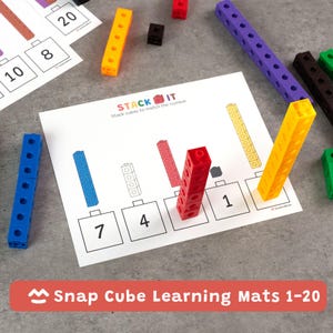 May include: A learning activity with colorful snap cubes and number matching worksheets. The cubes are in various colors, including blue, yellow, red, and purple. The worksheets have numbers from 1 to 20. The text "STACK IT" is visible.