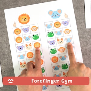 Può includere: Un foglio di carta bianco con una griglia di illustrazioni di animali colorati, tra cui leoni, topi, koala, rane e scimmie. Il testo "Forefinger Gym" è visualizzato su uno striscione rosso. Due dita puntano alle illustrazioni.