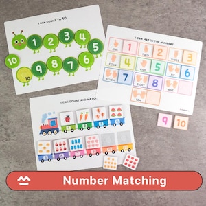 Puede incluir: Juego educativo de emparejamiento de números con ilustraciones coloridas. Incluye tarjetas con una oruga, un tren y bloques de números. El texto "I CAN COUNT TO 10", "I CAN MATCH THE NUMBERS" y "I CAN COUNT AND MATCH" son visibles.