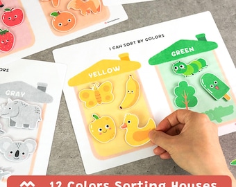 Actividad de clasificación de colores para niños pequeños, 12 colores, aprendizaje preescolar, Montessori, PDF imprimible