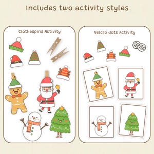 Puede incluir: Juego de actividades navide&ntilde;as con dos estilos: pinzas para la ropa y puntos de velcro. Incluye recortes ilustrados de Pap&aacute; Noel, hombre de jengibre, mu&ntilde;eco de nieve y &aacute;rbol de Navidad, junto con pinzas para la ropa y puntos de velcro. El texto dice "Includes two activity styles".