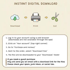 Peut inclure: Illustration avec le texte "T&Eacute;L&Eacute;CHARGEMENT NUM&Eacute;RIQUE INSTANTAN&Eacute;" montrant un nuage, une imprimante et des ciseaux. Des instructions expliquent comment t&eacute;l&eacute;charger, imprimer et d&eacute;couper des fichiers num&eacute;riques achet&eacute;s en ligne.