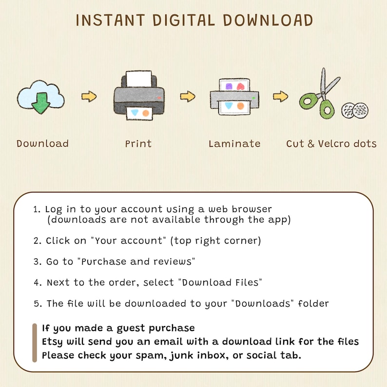 May include: An illustrated guide for instant digital downloads, featuring a cloud, printer, laminator, scissors, and Velcro dots. Instructions include logging in, navigating to purchases, and downloading files. Text reads: "INSTANT DIGITAL DOWNLOAD."