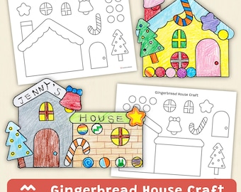 May include: A colorful gingerbread house craft with various elements, including a house outline, a Christmas tree, and a candy cane. The image features both colored and uncolored versions, with the text "Gingerbread House Craft".
