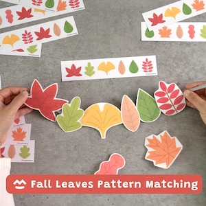 May include: A set of paper cutouts featuring various fall leaves in red, orange, yellow, and green colors. The collection includes individual leaf shapes and long strips with repeating leaf patterns, designed for a fall leaves pattern matching activity.