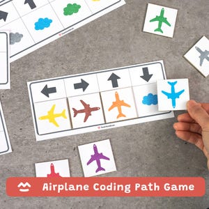 May include: Airplane Coding Path Game with colorful airplane tiles and directional arrows. The game includes a grid with various colored airplane tiles and cloud tiles. The text "Airplane Coding Path Game" is displayed at the bottom.