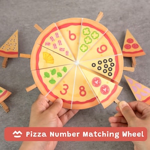 Op de afbeelding: Een rond nummer-matchingwiel met pizzathema bestaande uit acht segmenten. Elk stuk toont een cijfer of een bijbehorend aantal toppings, waaronder illustraties van spek, groene paprika, olijven, tomaten, broccoli en ananas.