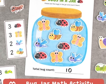 Bug Jar Matheaktivität, Insekten Zählspiel, Vorschule, Kindergarten, printable PDF