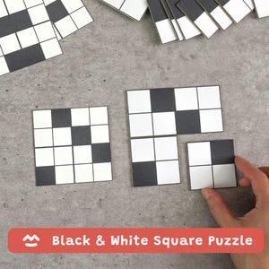 May include: A black and white square puzzle with multiple pieces arranged on a gray surface. The puzzle pieces are made of cardboard and feature a grid pattern of alternating black and white squares. The text "Black & White Square Puzzle" is displayed.