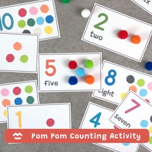 Op de afbeelding: Educatieve telactiviteitenset met kaarten met de nummers 1-10, geschreven woorden en kleurrijke pompons. De kaarten hebben een witte achtergrond met een grijze rand. De tekst "Pom Pom Counting Activity" staat onderaan.
