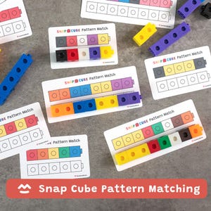 May include: A collection of Snap Cube Pattern Match educational toys. The image shows colorful interlocking cubes in various patterns, alongside matching cards. The cubes are in shades of red, orange, yellow, green, blue, purple, and black.