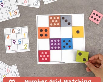 Gioco di abbinamento con griglia numerica, matematica prescolare, attività di riconoscimento dei numeri, metodo Montessori, PDF stampabile