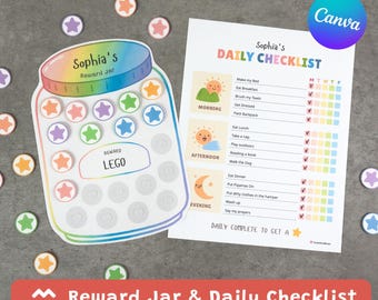 Tarro de recompensas para niños, lista de tareas diarias y tabla de tareas imprimible (editable en Canva)