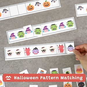 Puede incluir: Un conjunto de actividades de emparejamiento de patrones de Halloween con tiras de papel impresas con secuencias de personajes de dibujos animados como fantasmas, calabazas, momias, vampiros y monstruos, e incluye tarjetas cuadradas individuales.