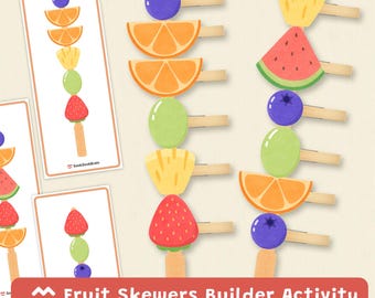 Fruit Skewers Builder Activity, Fine Motor Skills, Matching Game, Preschool Printable
