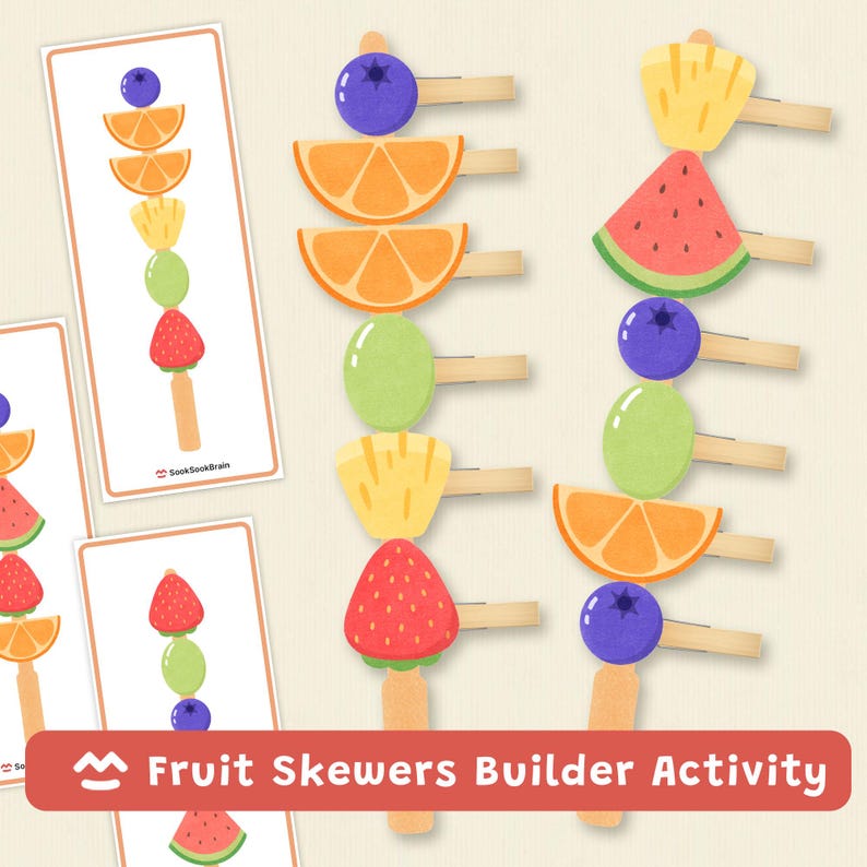 Création de brochettes de fruits, Motricité fine, Jeu d'associations, À imprimer pour les enfants d'âge préscolaire image 1