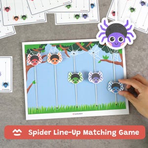 Juego de emparejar alineaciones de arañas, habilidades motoras finas, educación en casa, Montessori, preescolar, niños pequeños, PDF imprimible