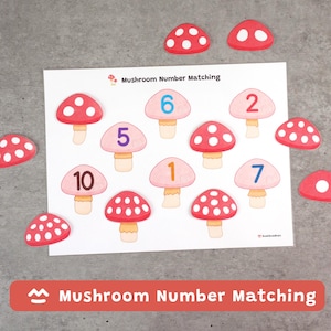 May include: A Mushroom Number Matching educational activity sheet featuring a white background with various cartoon mushroom illustrations. Some mushrooms display numbers from one to ten, while others show white spots on red caps for counting.