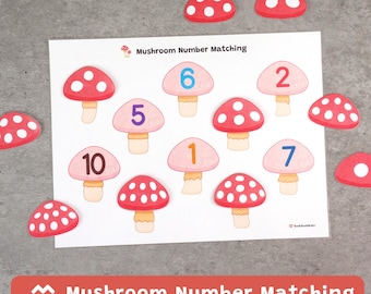 Puede incluir: Una hoja de actividades educativas Mushroom Number Matching con fondo blanco e ilustraciones de setas de dibujos animados. Algunas setas muestran números del uno al diez, mientras que otras tienen puntos blancos sobre sombreros rojos.