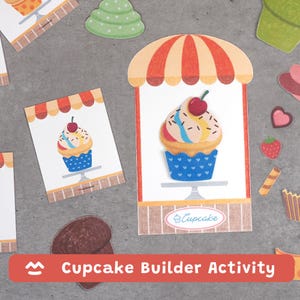 Può includere: Un colorato set di attività per la costruzione di cupcake con vari elementi di cupcake illustrati. Il set include carte con immagini di cupcake, un supporto per cupcake e decorazioni. Il testo "Cupcake Builder Activity" è visualizzato.