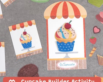 Attività di costruzione di cupcake, gioco di abbinamento di dolci, gioco per lo sviluppo della motricità fine, apprendimento prescolare, PDF stampabile