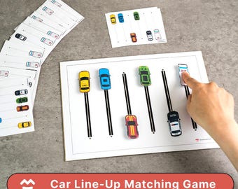 May include: A car line-up matching game with colorful toy cars on a white board. The game includes a yellow taxi, blue car, green car, red car, and a white police car. The text "Car Line-Up Matching Game" is displayed.
