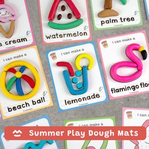 May include: A collection of colorful play dough mats featuring summer-themed designs. The mats include images of an ice cream cone, watermelon, palm tree, beach ball, lemonade, and a flamingo. The text "Summer Play Dough Mats" is displayed on a red banner.