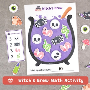May include: A Witch's Brew math activity sheet featuring a large purple cauldron filled with cutouts of skulls, spiders, worms, and snakes. A smaller card lists items to count, including skulls, spiders, worms, and snakes, with the total count of 10.