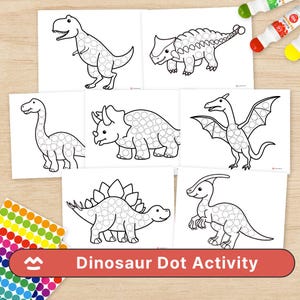 May include: White paper sheets with dinosaur outlines and dot patterns for colouring. A red banner displays "Dinosaur Dot Activity". Colourful dot markers are also visible, perfect for a fun activity.
