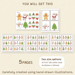 Puede incluir: Juego imprimible con tem&aacute;tica navide&ntilde;a con ilustraciones dibujadas a mano de un hombre de jengibre, Pap&aacute; Noel, un mu&ntilde;eco de nieve y un &aacute;rbol de Navidad. Incluye 5 p&aacute;ginas con dos opciones de tama&ntilde;o: 8,5"x11" (tama&ntilde;o carta estadounidense) y A4 (210 mm x 297 mm).