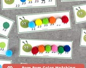 Caterpillar Pom Pom Color Matching Activity, Toddler Learning, Preschool Sorting Game, Homeschool Printable