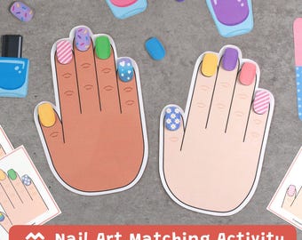 Actividad de combinación de diseños de uñas, juego de salón de uñas, color y patrón, aprendizaje preescolar, PDF imprimible