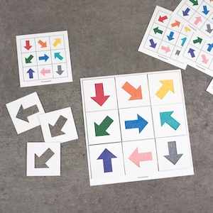 May include: White cards with colorful arrows pointing in different directions. The arrows are red, orange, yellow, green, blue, teal, purple, pink, and gray. Some cards have cut-out arrow shapes. The cards are arranged on a gray surface.