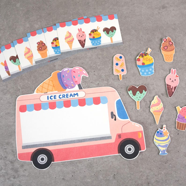 May include: A pink ice cream truck cutout with the text ICE CREAM, accompanied by several rectangular cards and individual die-cut stickers featuring various colorful ice cream cones, popsicles, and frozen treats with whimsical illustrations.