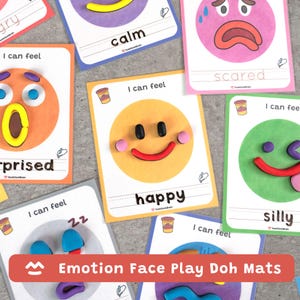 May include: A collection of colorful emotion face play doh mats. Each card features a different emotion, such as "happy" and "surprised", with a corresponding play doh face. The text "I can feel" is above each emotion.