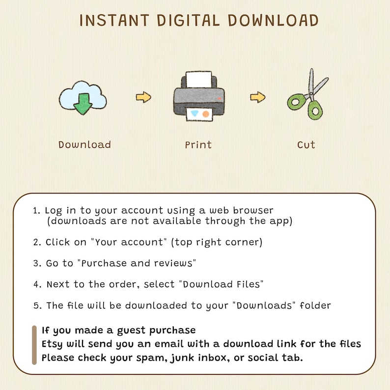 May include: An instructional graphic titled INSTANT DIGITAL DOWNLOAD featuring icons for Download, Print, and Cut. Below, a numbered list outlines five steps to access files via a web browser, plus instructions for guest purchases via email.