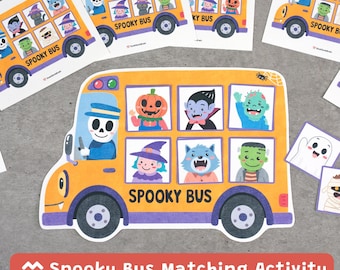 May include: A yellow school bus cutout with the text SPOOKY BUS, featuring a skeleton driver and windows displaying cartoon characters including a pumpkin, vampire, zombie, witch, werewolf, and Frankenstein-style monster.