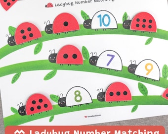 Puede incluir: Juego educativo infantil "Ladybug Number Matching". La imagen muestra mariquitas rojas con puntos negros y los números 7, 8, 9 y 10. Las mariquitas están dispuestas sobre ramas verdes con hojas.