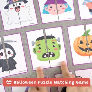 Könnte beinhalten: Ein Halloween-Puzzle-Zuordnungsspiel mit rechteckigen Karten, die einen Geist, eine Hexe, einen Sensenmann, ein grünes Monster und einen Kürbis zeigen. Jede Karte ist in zwei vertikale Teile mit violetten Rändern und kleinem Text unterteilt.