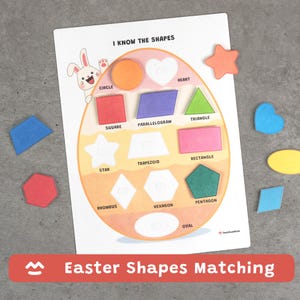 May include: A children's shape matching game with an Easter theme. The game board is egg-shaped and features cutouts for different shapes, such as a circle, square, and triangle. The text "I KNOW THE SHAPES" is at the top, and "Easter Shapes Matching" is at the bottom.