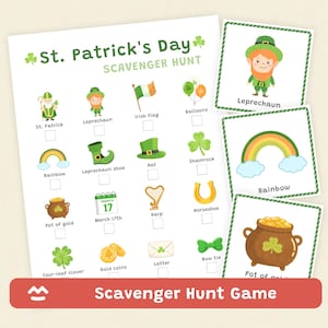 Pode incluir: Um jogo de Caça ao Tesouro do Dia de São Patrício com ilustrações de um duende, arco-íris, pote de ouro e outros itens temáticos. O jogo inclui uma lista de verificação e cartões adicionais com imagens correspondentes. O texto "Scavenger Hunt Game" é exibido.