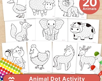 Pode incluir: Um conjunto de folhas de atividades de pontos com tema de animais. Cada folha apresenta o contorno de um animal diferente, incluindo um pato, uma ovelha, um leão, uma raposa, um elefante, uma vaca, um esquilo, uma galinha, um cavalo e um veado. Um círculo vermelho mostra o número 20 e a palavra "Animais". A faixa inferior diz "Animal Dot Activity".