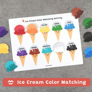 May include: An ice cream color matching activity set. The set includes a white board with colorful ice cream cones and matching scoops. The board has the text "Ice Cream Color Matching Activity". Additional ice cream scoops in various colors are scattered around the board.