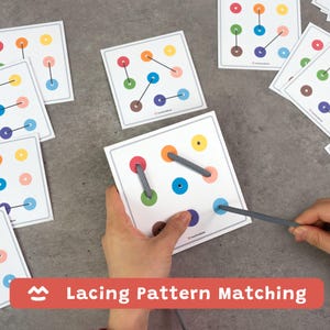 Może przedstawiać: Białe kwadratowe karty z kolorowymi okręgami i szarymi sznurowadłami do dopasowywania wzorów. Karty mają czerwone, pomarańczowe, żółte, zielone, niebieskie i brązowe okręgi. Tekst "Lacing Pattern Matching" znajduje się w czerwonym banerze na dole.