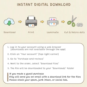 Puede incluir: Una gu&iacute;a ilustrada para descargas digitales instant&aacute;neas, con una nube, una impresora, una plastificadora, tijeras y puntos de velcro. Las instrucciones incluyen iniciar sesi&oacute;n, navegar a compras y descargar archivos. Texto: "DESCARGA DIGITAL INSTANT&Aacute;NEA".