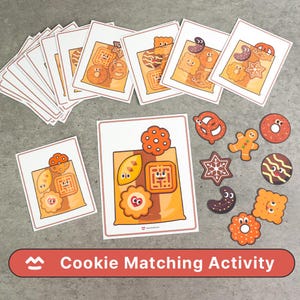 Pode incluir: Um conjunto de atividades de combinação de biscoitos com cartões ilustrados e recortes de biscoitos. Os cartões mostram sacos de biscoitos com diferentes formas e desenhos. Os recortes de biscoitos individuais incluem um pretzel, um homem de gengibre e uma estrela.